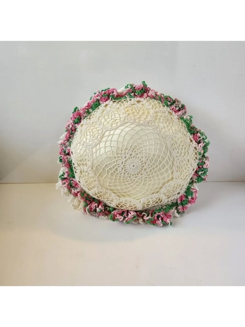 Vintage Pillow Crochet Knitted Floral Pink Flowers Decorative Cottagecore Decor